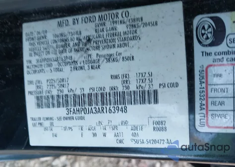 2010 Ford Fusion Sel from USA, damaged, VIN 3FAHP0JA3AR163948